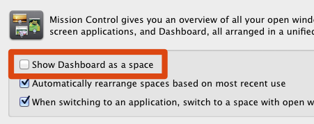 Uncheck "Display Dashboard as a space"